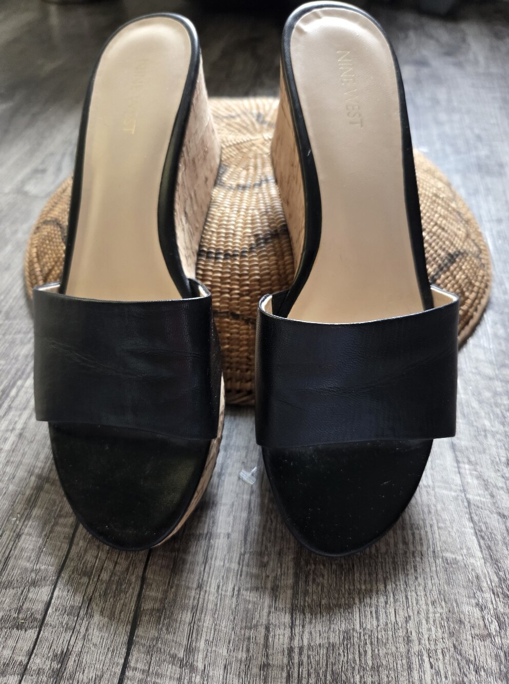 Nine West Black Leather Cork Wedge Slide Mules